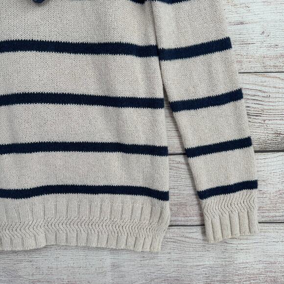 Faherty Kent Striped Hoodie Sweater Womens XS Ivory Blue Tassled Drawstring - Picture 13 of 13